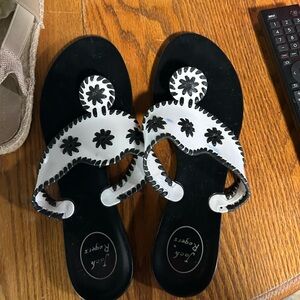 Jack Rogers Black and White Sandals with Floral Accents